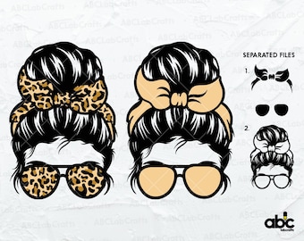 Mom Life Leopard Svg File | Momlife Svg | Leopard Messy Bun Svg | Lashes Svg | Eyebrows Svg | Glasses Cut Files | Messy Bun Hair Svg