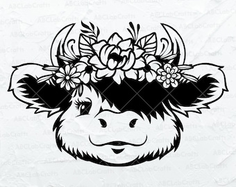 Floral Highland Cow Svg File | Cow Svg | Cute Cow Svg | Baby Cow Svg| Highland Cow Clipart Dxf Png Eps Files for Cricut Silhouette Printable