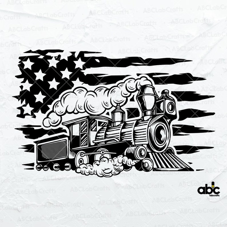 May include: Black and white illustration of a steam train with smoke billowing from its smokestack, set against a stylized American flag background. The design features stars and stripes, evoking a patriotic theme.