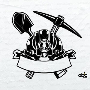 May include: Black and white illustration of a miner's helmet, pickaxe, and shovel. The helmet has a headlamp and a blank banner below it.