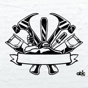 May include: Black and white illustration of various tools, including a hammer, saw, screwdriver, and wrench, arranged in a circle around a banner with a blank space for text. The tools are all in a vintage style, and the banner is tied with a ribbon.