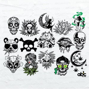 May include: A collection of 14 black and white illustrations featuring various designs, including a skull with crossbones, a panda wearing sunglasses, a skull with a marijuana leaf, a fairy, a cat, a crescent moon, and a bear. The illustrations are set against a white background.