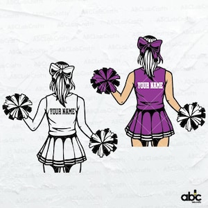 May include: Two cheerleaders wearing purple and white cheerleading uniforms with pom-poms. The text "YOUR NAME" is on the front of each uniform.