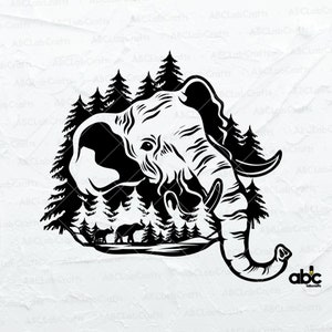 May include: A monochrome illustration of an elephant's head, with a forest scene depicted within. The design features pine trees and two smaller elephants. The image includes the text "ABCLabCrafts" around the border.