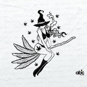 May include: A black and white illustration of a witch riding a broomstick with marijuana leaves. The witch is wearing a pointed hat and a bikini. The broomstick is made of branches and has feathers.