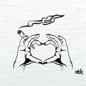 May include: Black and white line art illustration of two hands forming a heart shape with a lit joint in the center. The joint is smoking and there is a trail of smoke above it.
