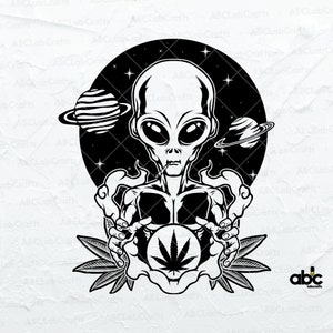 May include: Black and white illustration of an alien smoking a cigarette and holding a marijuana leaf in a circle. The alien is in front of a black background with stars and planets.