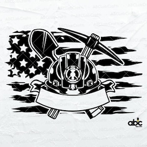 May include: Black and white illustration of a miner's helmet, pickaxe, and shovel in front of a distressed American flag.