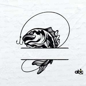 May include: Black and white silhouette of a fish with a fishing hook and line. The fish is in a split monogram frame with space for text. The image is on a white background.