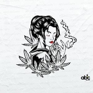 Op de afbeelding: Zwart-wit illustratie van een vrouw met rode lippen en gesloten ogen, die een sigaret rookt. Ze is omringd door cannabisbladeren. De afbeelding heeft een pop-art stijl.