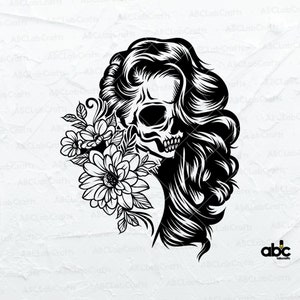 花柄の女性の頭蓋骨 SVG ファイル | 花柄の女性の SVG | 頭蓋骨 SVG | スケルトンガールの花 SVG | Cricut シルエット印刷用 PNG DXF Jpg Eps ファイル
