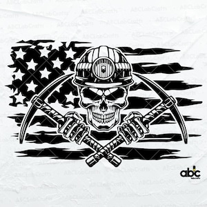 May include: Black and white illustration of a skull wearing a miner's helmet with a headlamp, holding two crossed pickaxes. The skull is in front of a distressed American flag.