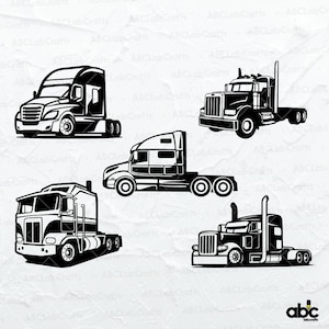 May include: Four black and white silhouette illustrations of semi-trucks. The trucks are facing forward and have different styles of cabs and trailers.