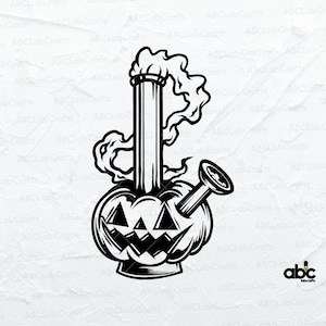 May include: Black and white illustration of a pumpkin-shaped bong with smoke coming out of the top.
