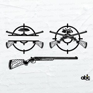 May include: A black and white digital design featuring a shotgun with a wooden stock and barrel, a target with a bullseye, and a hunting scene with a duck and a pheasant. The design is perfect for creating custom t-shirts, mugs, and other personalized items.