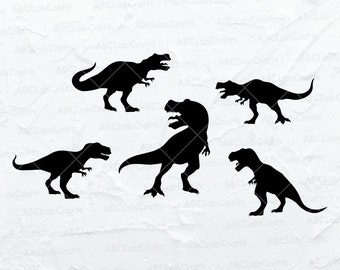 May include: Five black silhouette images of Tyrannosaurus Rex dinosaurs in various poses. The dinosaurs are facing different directions and are in a variety of stances.