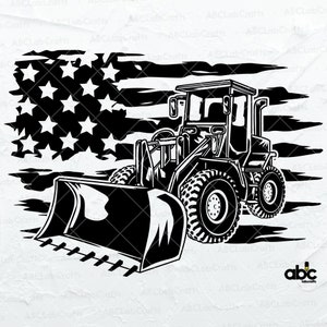Peut inclure: Illustration en noir et blanc d'une chargeuse sur pneus avec une grande pelle devant un drapeau américain délabré.