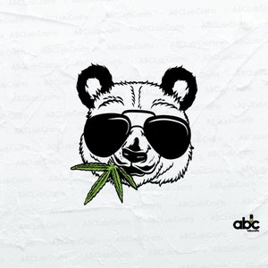 May include: A black and white illustration of a panda wearing sunglasses and holding a green marijuana leaf in its mouth.