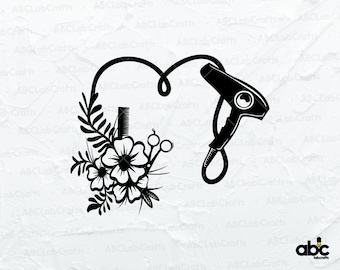 Floral Föhn Herz-Svg-Datei | Hairstylist SVG | Kosmetikerin SVG | Friseur SVG | Schneidedateien
