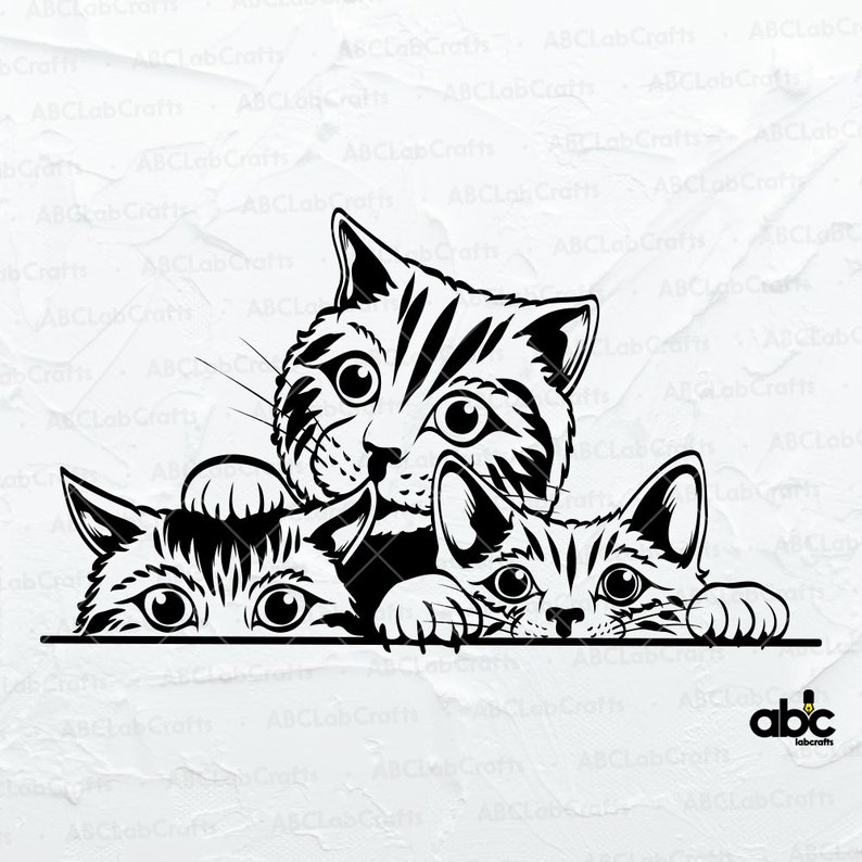 May include: Three black and white stylized cats peeking over a surface. The cat in the center is looking directly at the viewer. The cats on either side are looking to the left and right.