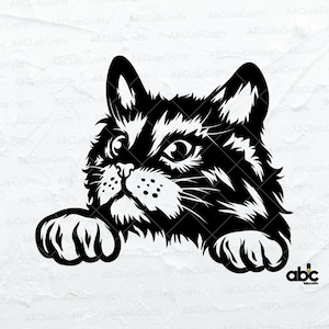 May include: Black and white silhouette of a cat peeking over a surface with its paws outstretched. The cat has a curious expression on its face.