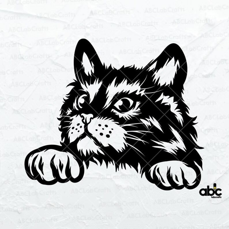 May include: Black and white silhouette of a cat peeking over a surface with its paws outstretched. The cat has a curious expression on its face.