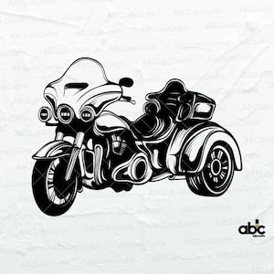 Op de afbeelding: Zwart-witte illustratie van een motorfiets met zijspan. De motorfiets heeft een groot windscherm en een gedetailleerde motor. De zijspan is bevestigd aan de rechterkant van de motorfiets.