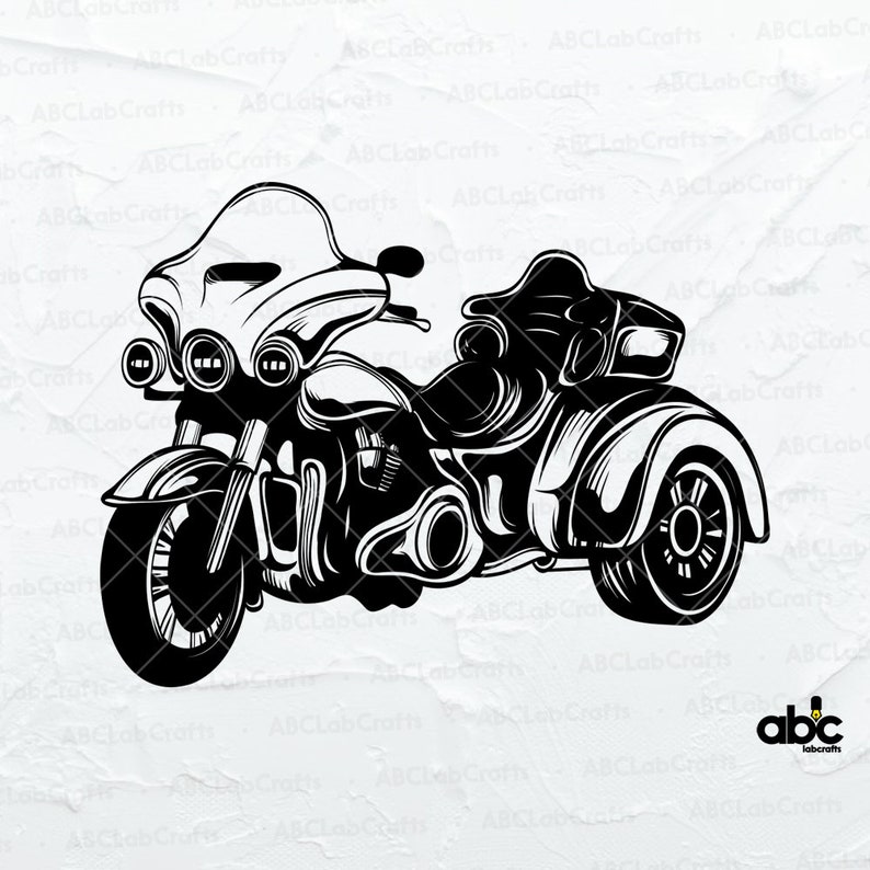 Op de afbeelding: Zwart-witte illustratie van een motorfiets met zijspan. De motorfiets heeft een groot windscherm en een gedetailleerde motor. De zijspan is bevestigd aan de rechterkant van de motorfiets.