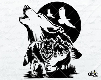 Howling Wolf Svg File | Snow Mountains Svg | Wild Animal | Outdoor Animal Svg | Wolf | Png DXF Jpg Eps File for Cricut Silhouette Printable