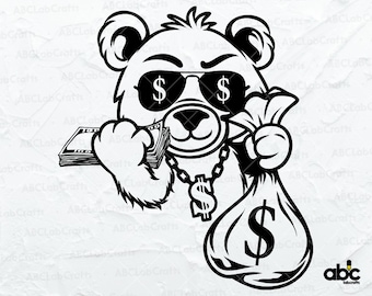 Gangster Teddy Money Bill Svg File | Gangster Animal Svg | Cool Kid Hipster Bear Svg | Png DXF Jpg Eps File for Cricut Silhouette Printable