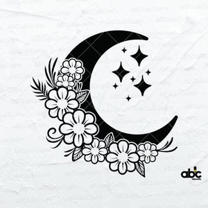 May include: Black and white crescent moon with a floral design. The moon is surrounded by five small stars. The flowers are stylized and have a simple design.
