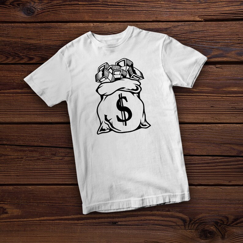 K&ouml;nnte beinhalten: Wei&szlig;es T-Shirt mit einer schwarzen Grafik eines Geldbeutels mit einem Dollarzeichen.