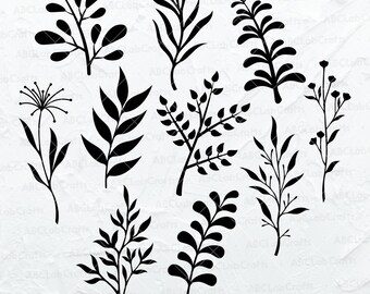 May include: A set of ten black silhouette images of various leafy branches and stems. The images are on a white background.