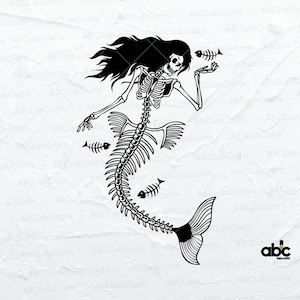 Mermaid Skeleton With Fish Svg File | Mermaid Svg | Gothic Svg | Sea Monster Svg | Png DXF Jpg Eps File for Cricut Silhouette Printable