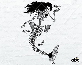 Mermaid Skeleton With Fish Svg File | Mermaid Svg | Gothic Svg | Sea Monster Svg | Png DXF Jpg Eps File for Cricut Silhouette Printable