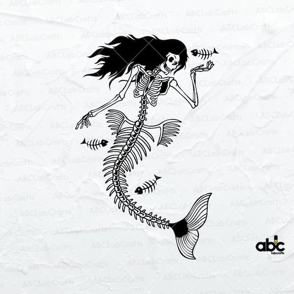 Mermaid Skeleton With Fish Svg File | Mermaid Svg | Gothic Svg | Sea Monster Svg | Png DXF Jpg Eps File for Cricut Silhouette Printable