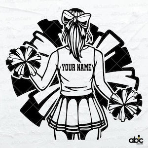 May include: Black and white silhouette of a cheerleader holding pom-poms. The cheerleader is wearing a skirt and a shirt that says "YOUR NAME".