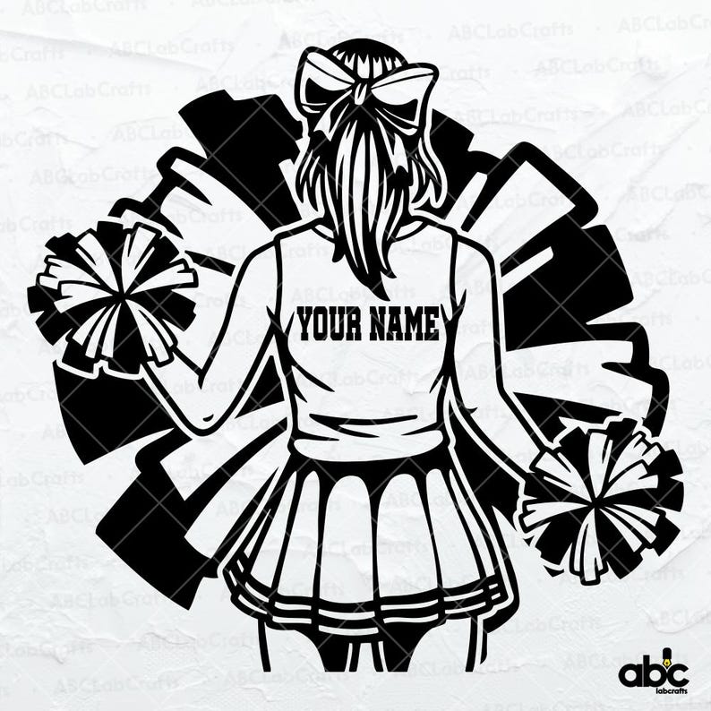 May include: Black and white silhouette of a cheerleader holding pom-poms. The cheerleader is wearing a skirt and a shirt that says "YOUR NAME".