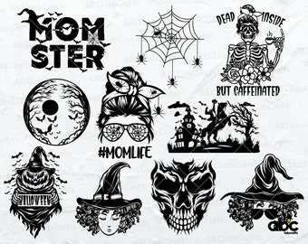 May include: A collection of black and white Halloween-themed designs. Includes a spider web, a skeleton with a coffee cup, a witch, a skull, and the text "MOMSTER", "#MOMLIFE", and "DEAD INSIDE BUT CAFFEINATED".