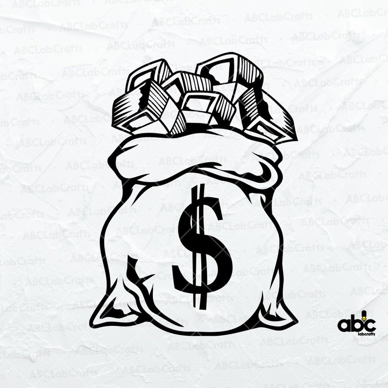 K&ouml;nnte beinhalten: Eine Schwarzwei&szlig;illustration eines Geldbeutels mit einem Dollarzeichen auf der Vorderseite. Der Beutel ist voll mit Geldscheinen.