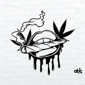 May include: Black and white illustration of a pair of lips smoking a joint with a marijuana leaf behind them. The lips are dripping with black paint.