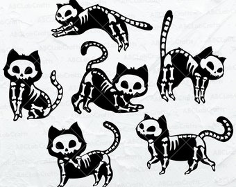 Paquete SVG de gato esqueleto / silueta de gato / imágenes prediseñadas de gatos de Halloween / animales esqueleto svg / archivos Dxf Png Eps para silueta cricut imprimible