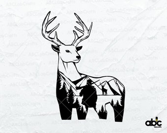 Fichier Svg cerf | Svg de chasse | Fichier Svg Buck | Montagne Svg | Cerf Silhouette Svg | Cerf dans la forêt Svg | Pins Svg | Cerf Clipart