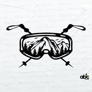 Könnte beinhalten: Schwarz-weiße Grafik einer Skibrille mit einer Berg- und Waldszene im Inneren. Zwei Skistöcke sind unter der Brille gekreuzt. Das Bild hat den Text "ABCLab Crafts" und "abc labcrafts" in der unteren rechten Ecke.
