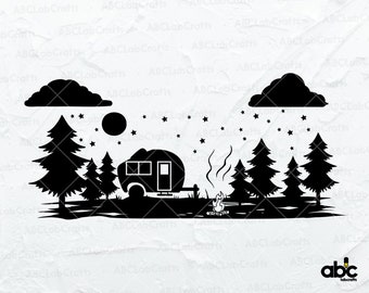 Camper Svg File | Camping Svg | Starry Forest Svg | Camper in Forest Svg | Camper in Woods Svg | Camper with Campfire Svg | Pine Trees Svg