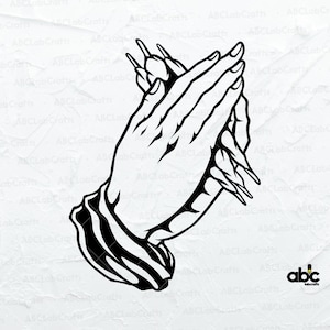 May include: Black and white line art illustration of two hands clasped together in prayer.