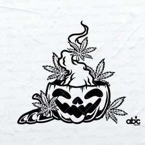 May include: Black and white illustration of a jack-o'-lantern with marijuana leaves growing out of the top. The jack-o'-lantern has a wide, toothy grin.
