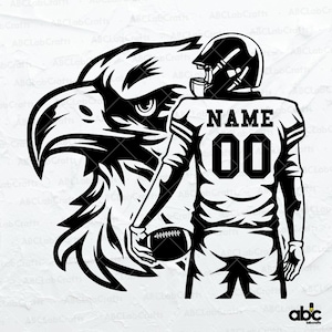 May include: Black and white illustration of a football player wearing a jersey with the text "NAME 00" on the back. The player is holding a football and standing in front of an eagle head.