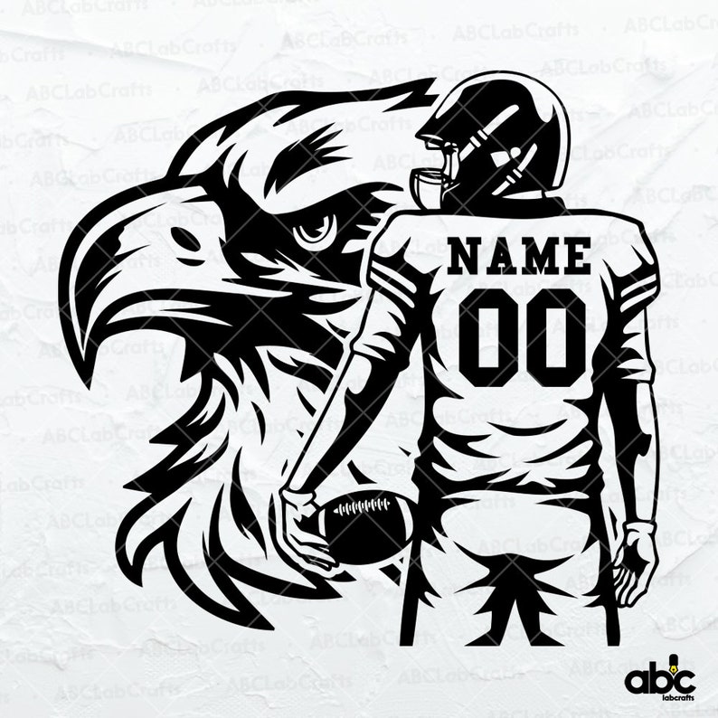 May include: Black and white illustration of a football player wearing a jersey with the text "NAME 00" on the back. The player is holding a football and standing in front of an eagle head.