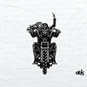 K&ouml;nnte beinhalten: Schwarz-wei&szlig;-Illustration eines Skeletts, das ein Motorrad mit einer weiblichen Beifahrerin f&auml;hrt. Das Skelett tr&auml;gt eine Lederjacke und einen Helm. Das Motorrad hat ein gro&szlig;es Vorderrad und einen einzelnen Scheinwerfer.